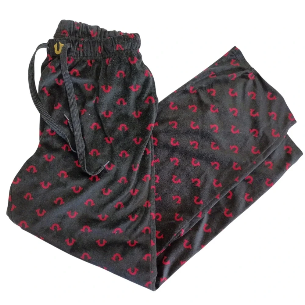 True Religion Mens Velour Pajama Pants Black Red Horseshoe Monogram Large Lounge